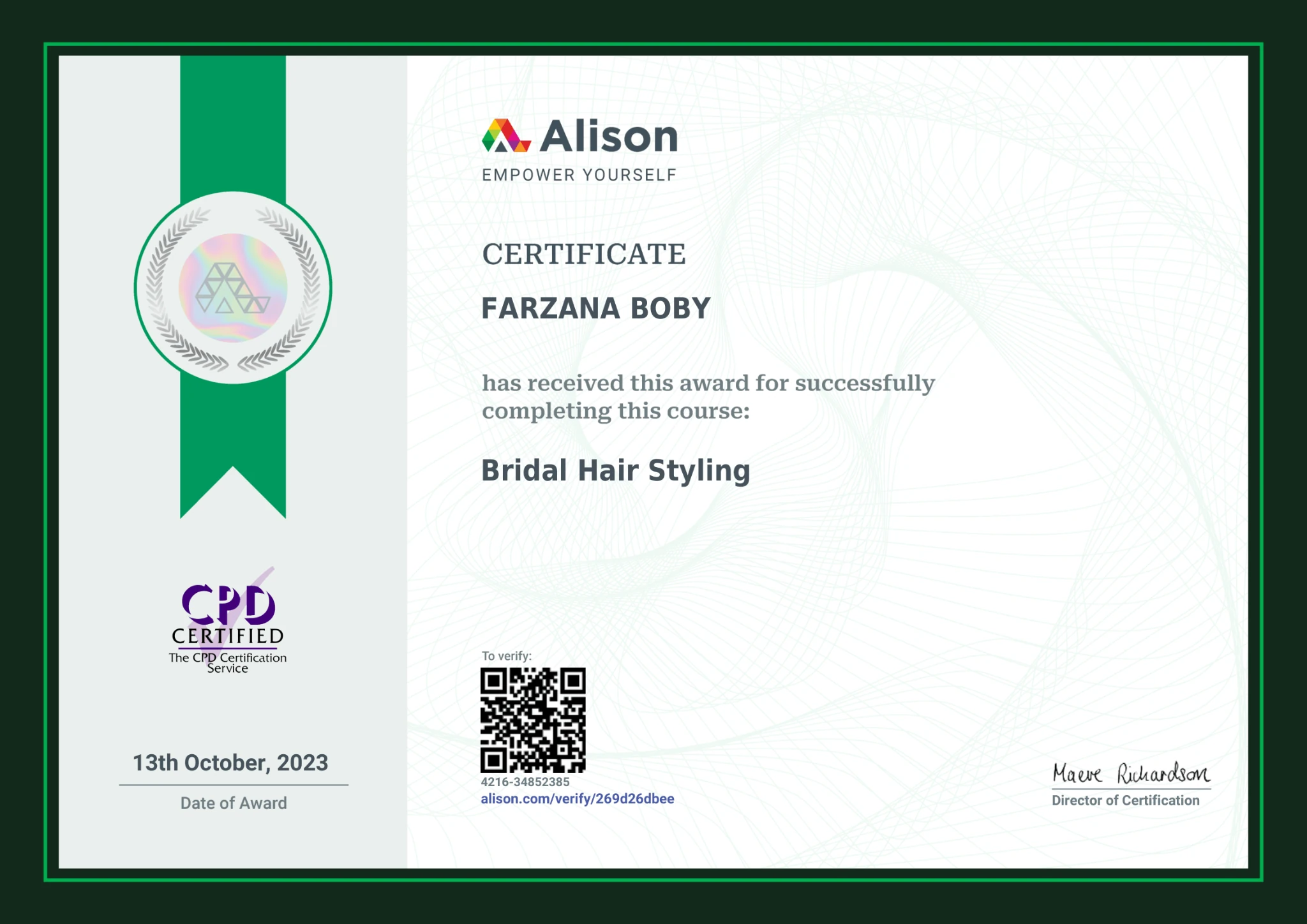 Alison certificate — Bridal Hair Styling, Farzana Bobby