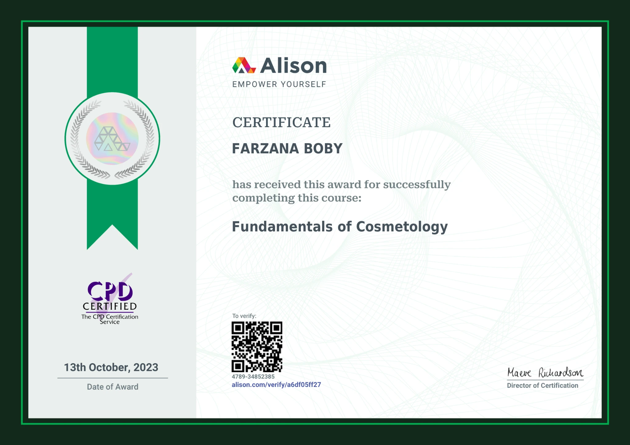 Alison certificate — Fundamentals of Cosmetology, Farzana Bobby