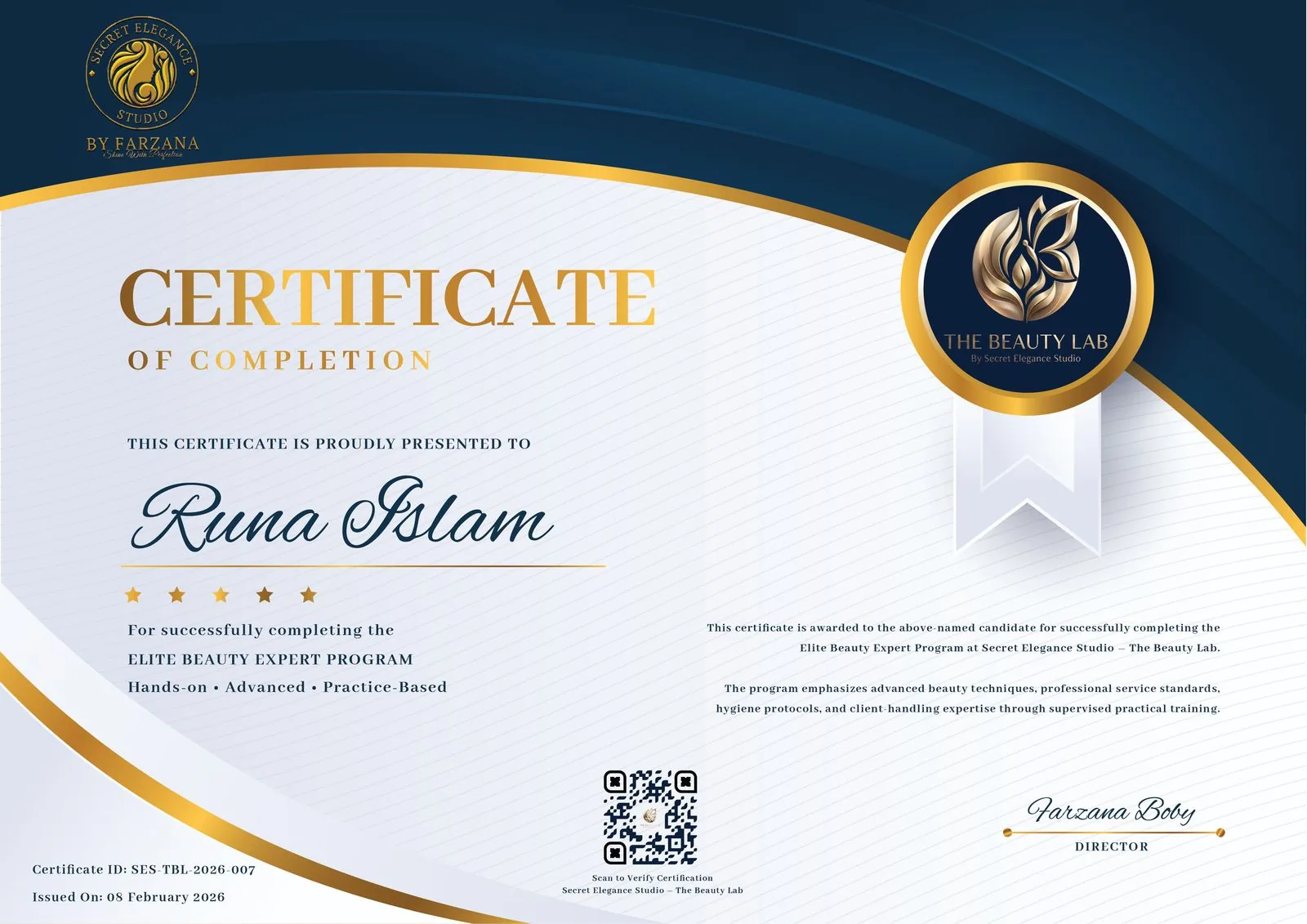 Certificate — Runa Islam